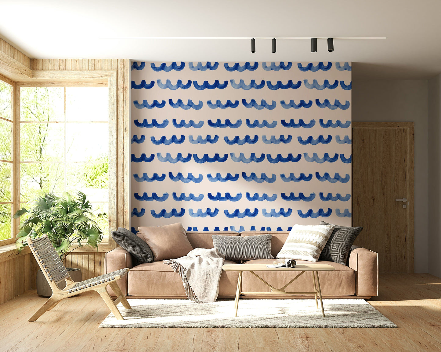Abstract indigo water wave design bringing a tranquil, modern aesthetic.