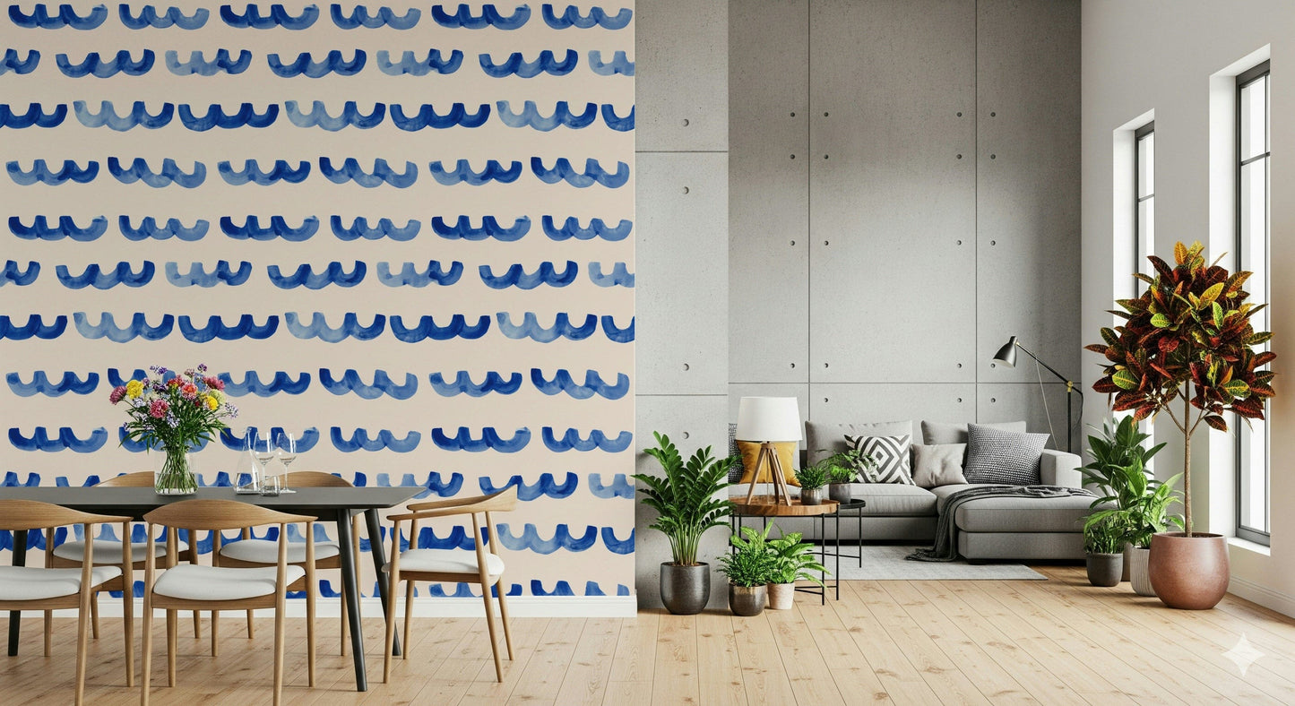 Artistic indigo watercolor wallpaper with layered, wave-like strokes.