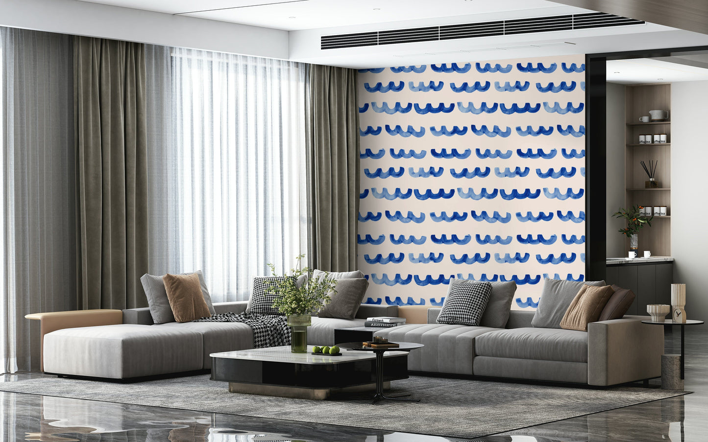 Watercolor-inspired indigo wave wallpaper adding a soothing coastal feel.
