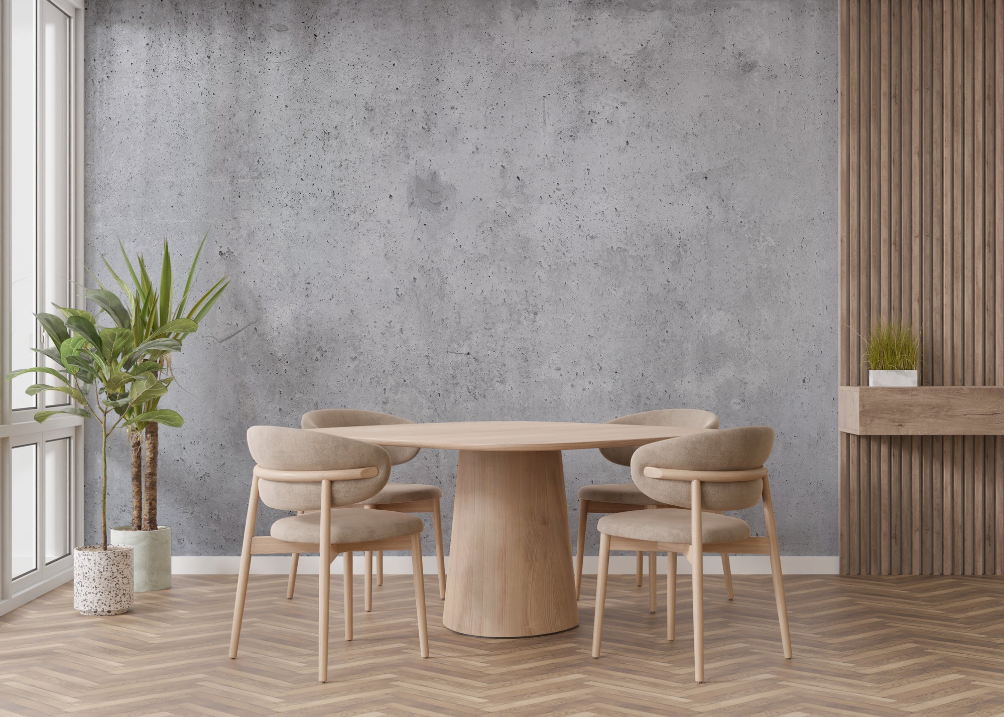 Industrial Gray Color Concrete wallpaper mural shown as a full feature wall that highlights the design