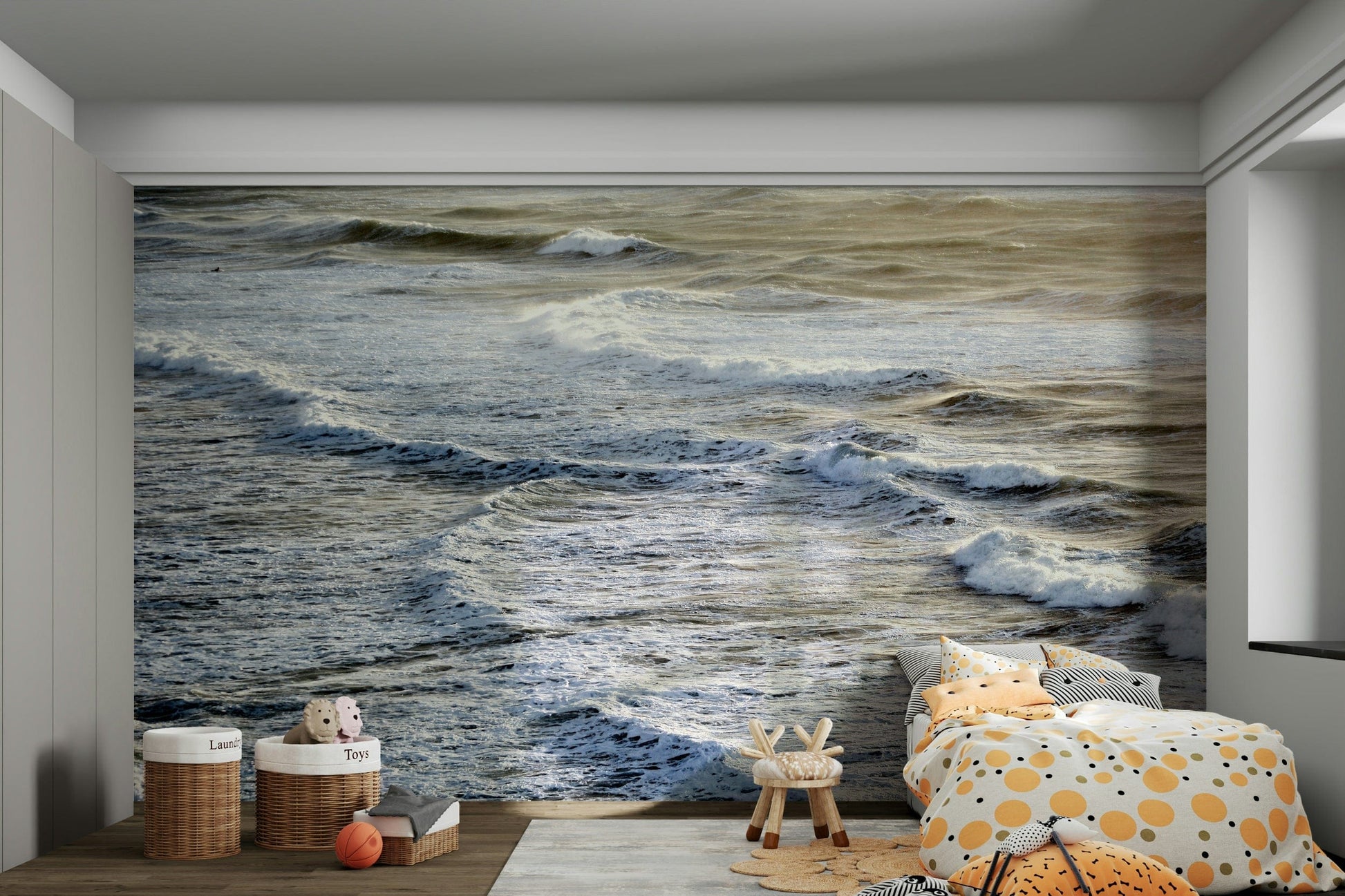 A calming water movement wallpaper mural that defines a space.

