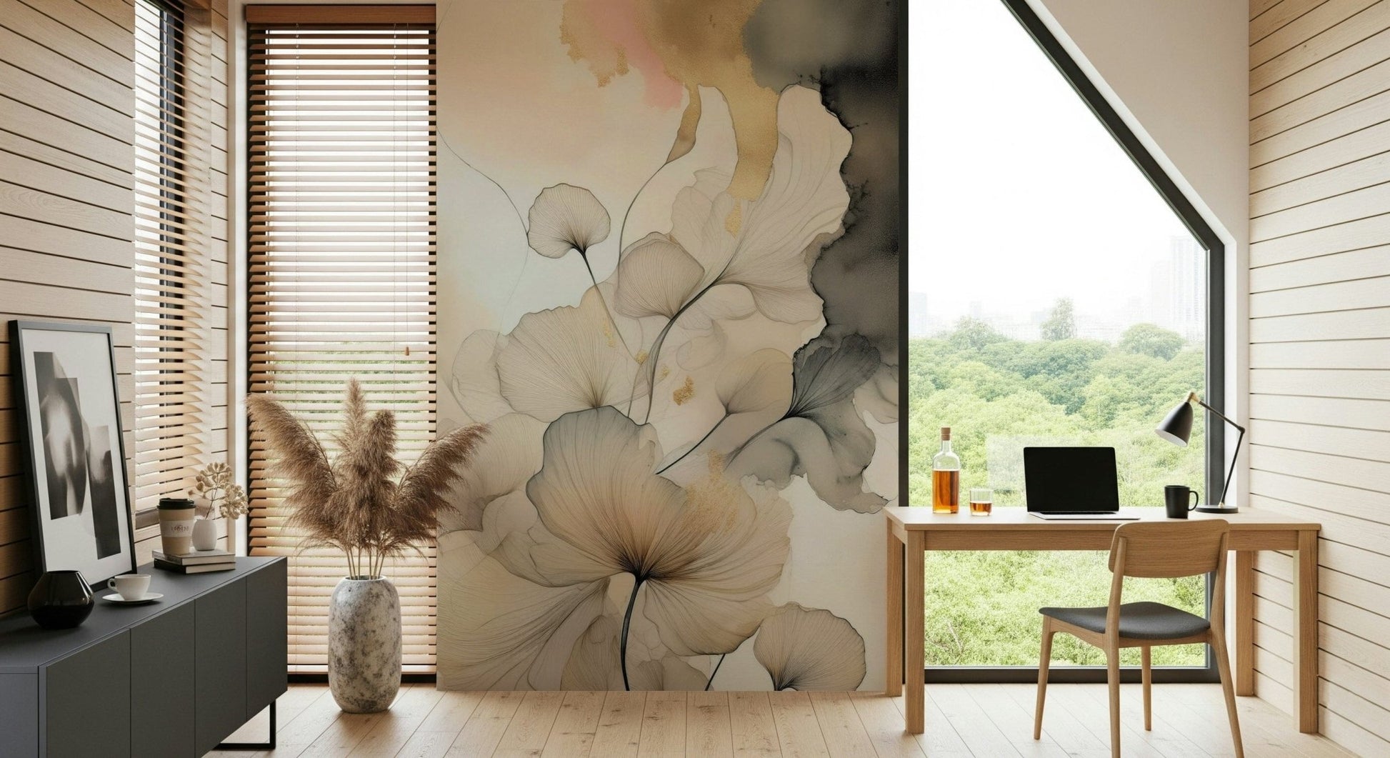 Artistic mural inspired by ink painting, showcasing delicate floral patterns and soft gradients.
