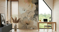 Artistic mural inspired by ink painting, showcasing delicate floral patterns and soft gradients.