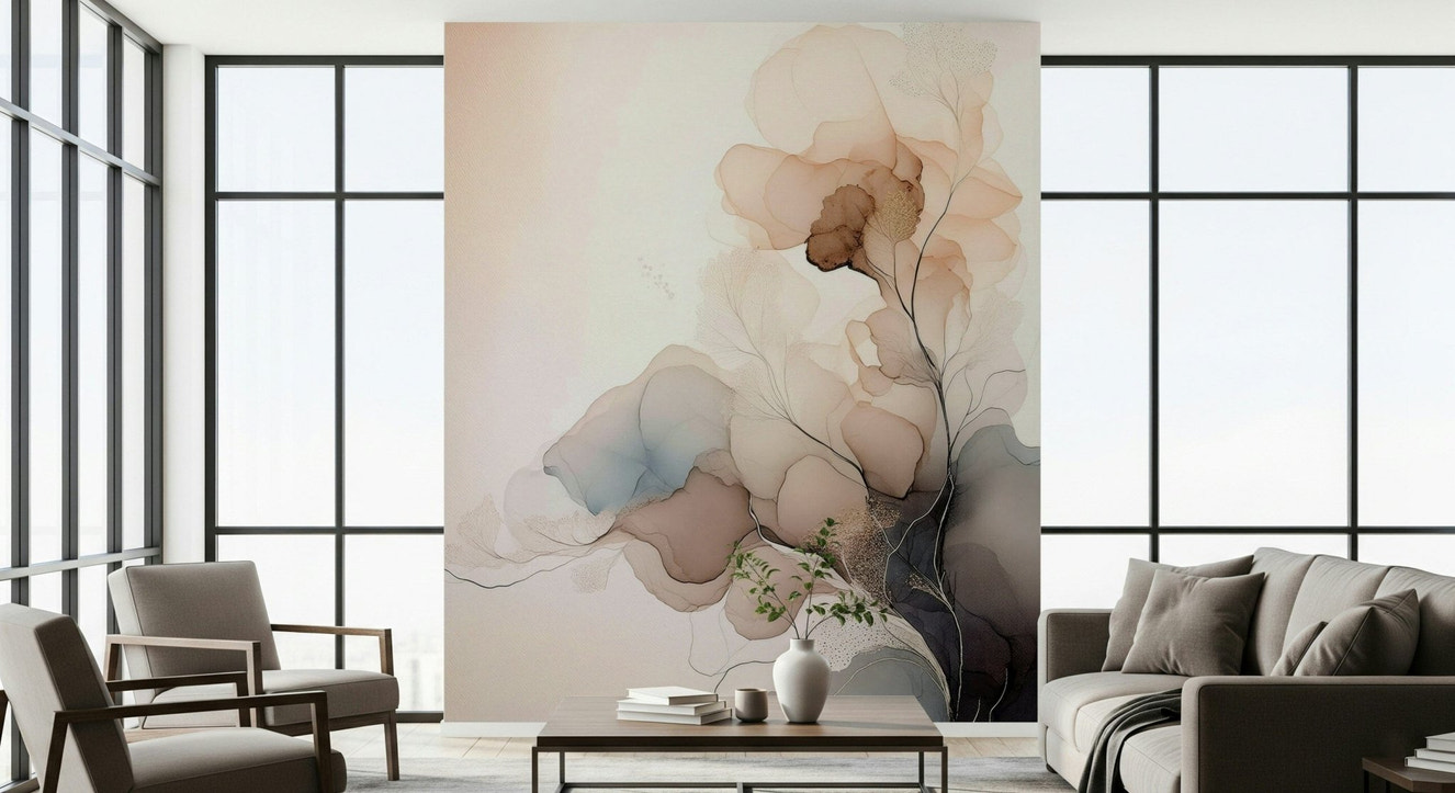 Minimalist floral mural inspired by traditional ink art for serene and stylish home décor.