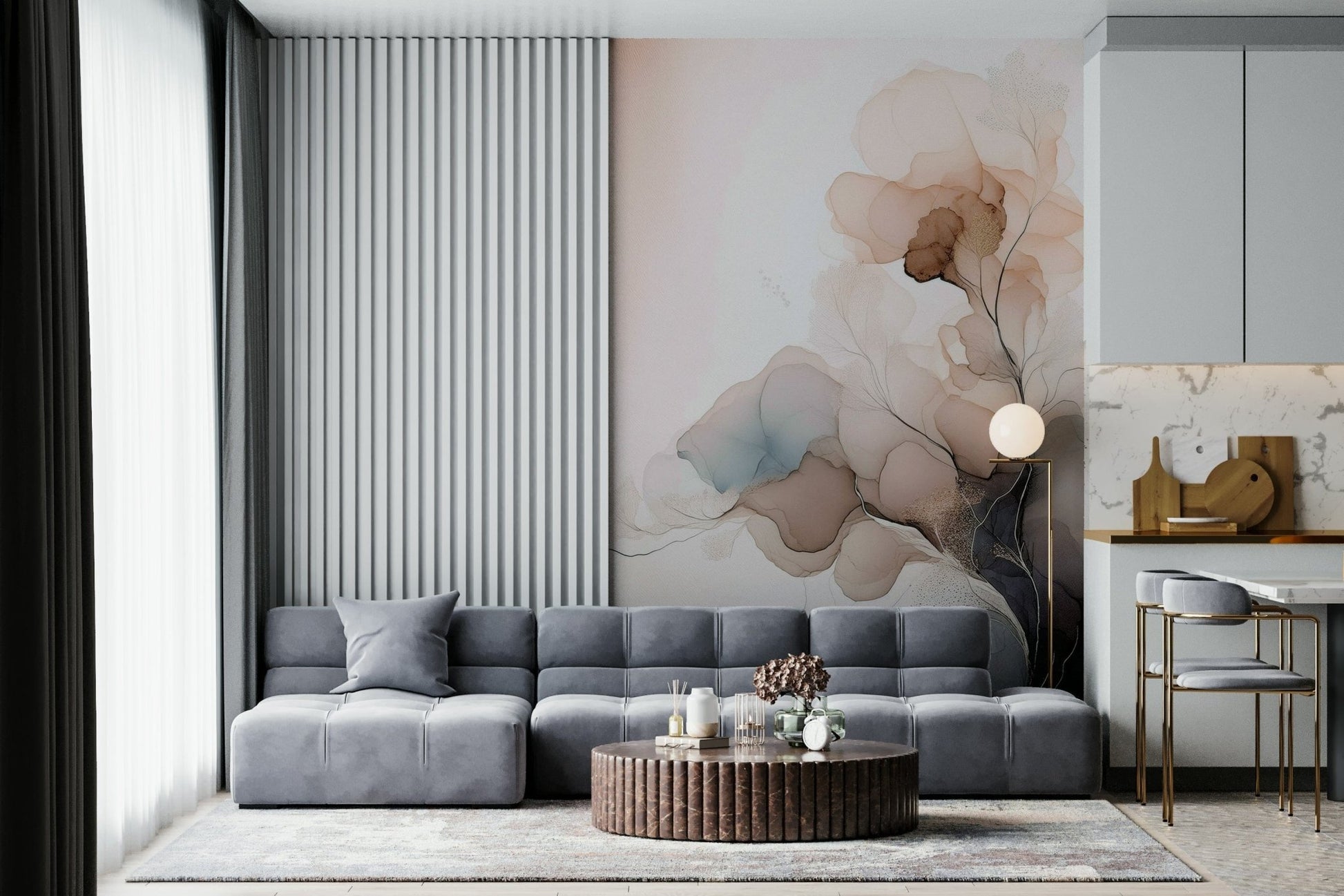 Ink-inspired flower mural with bold brushstrokes and fluid shapes for contemporary interiors.