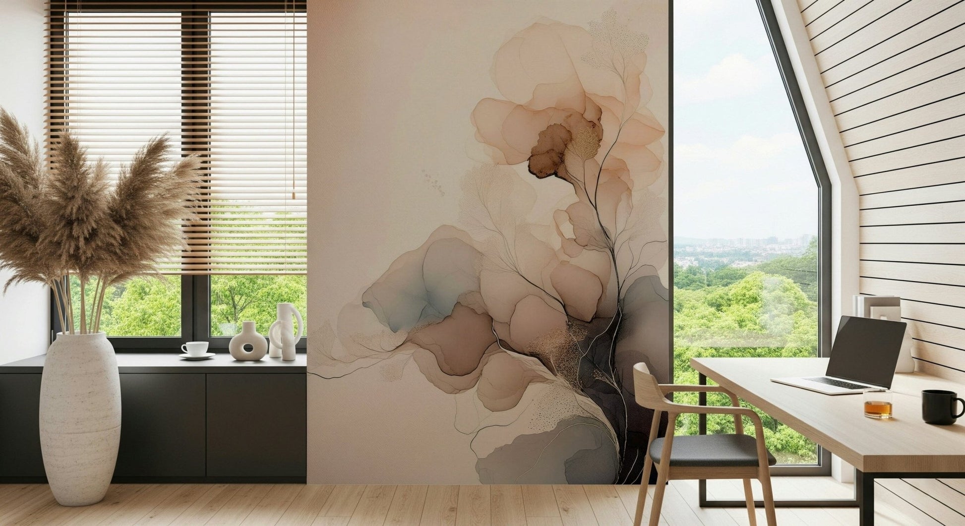 Contemporary wall mural with abstract ink florals adding depth and sophistication to interiors.