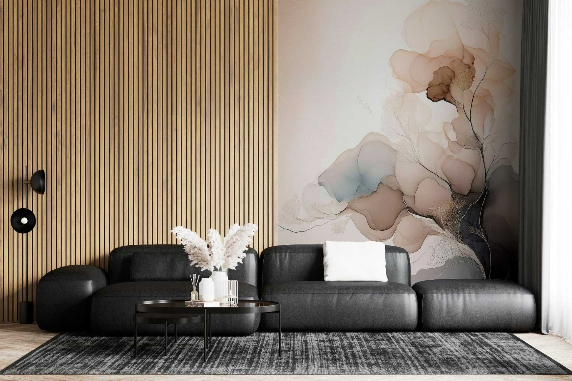 Modern abstract mural combining floral motifs with inky textures for a refined, artistic look.