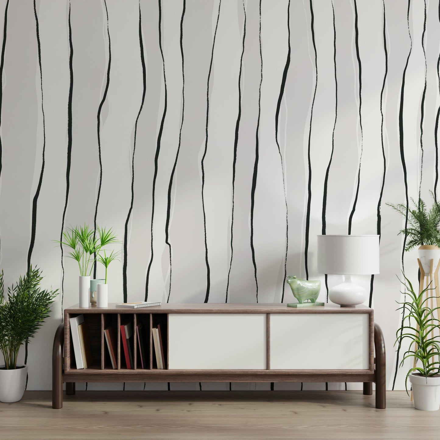 A peaceful modern abstract mural on decorative wallpaper.