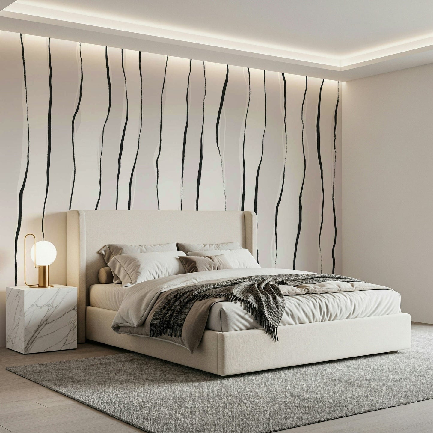 An artistic modern pattern mural on minimalist wallpaper.