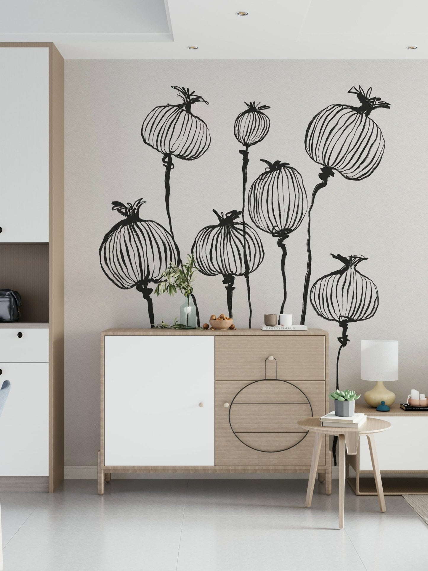 Ink Poppy Pods wallpaper mural of sketched poppy pods above a wood and white sideboard in an entryway