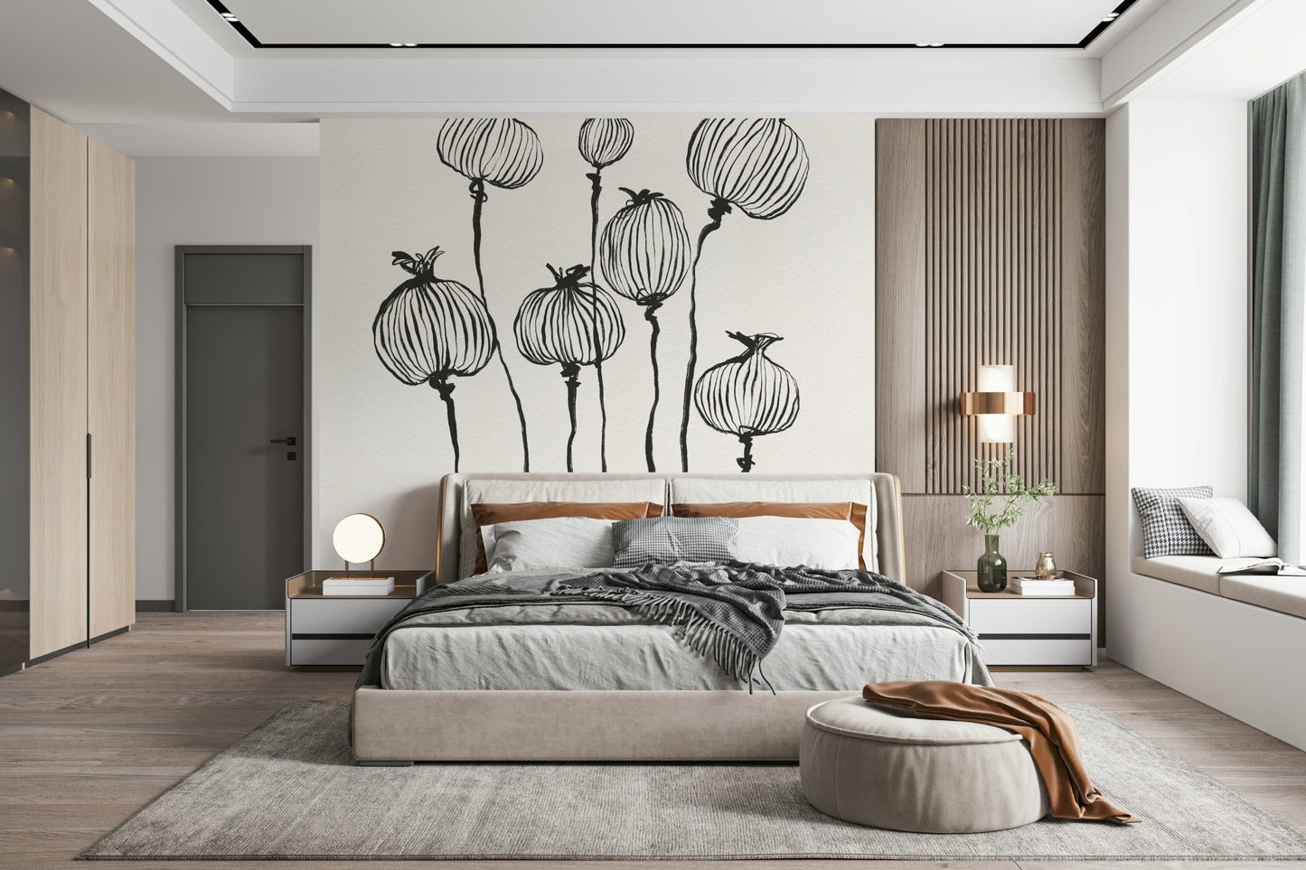 Ink Poppy Pods wallpaper mural with black ink pods on cream above a gray platform bed in a bedroom