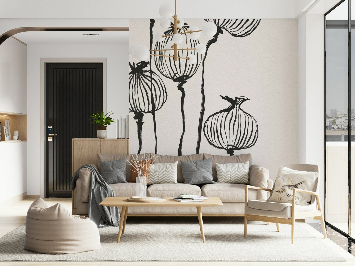 Ink Poppy Pods wallpaper mural with black seed pods behind a beige sofa and wood coffee table in a living room