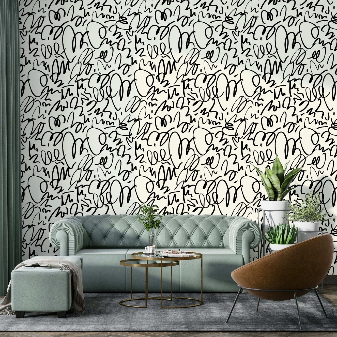 Black abstract marker lines wallpaper for living room
