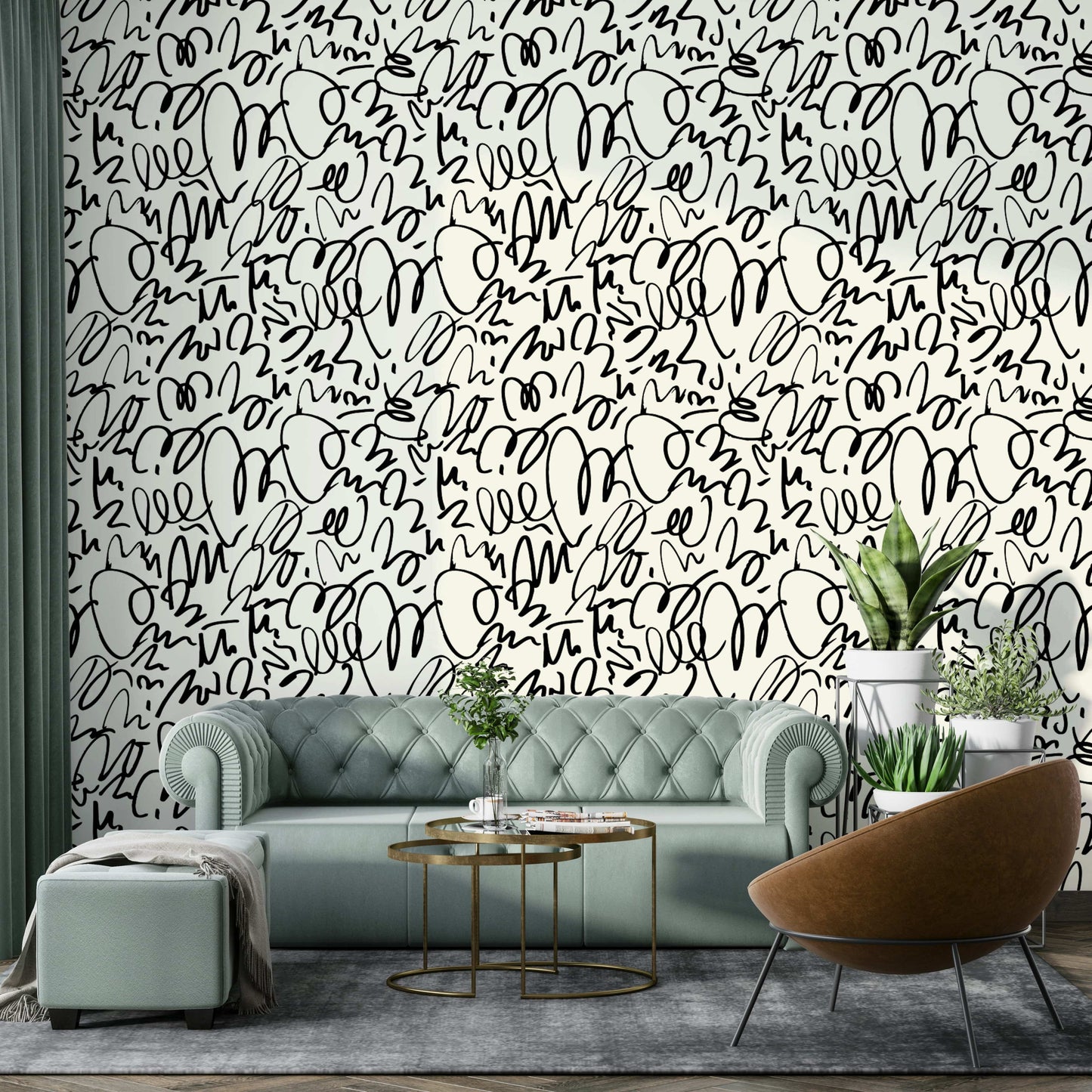 Black abstract marker lines wallpaper for living room
