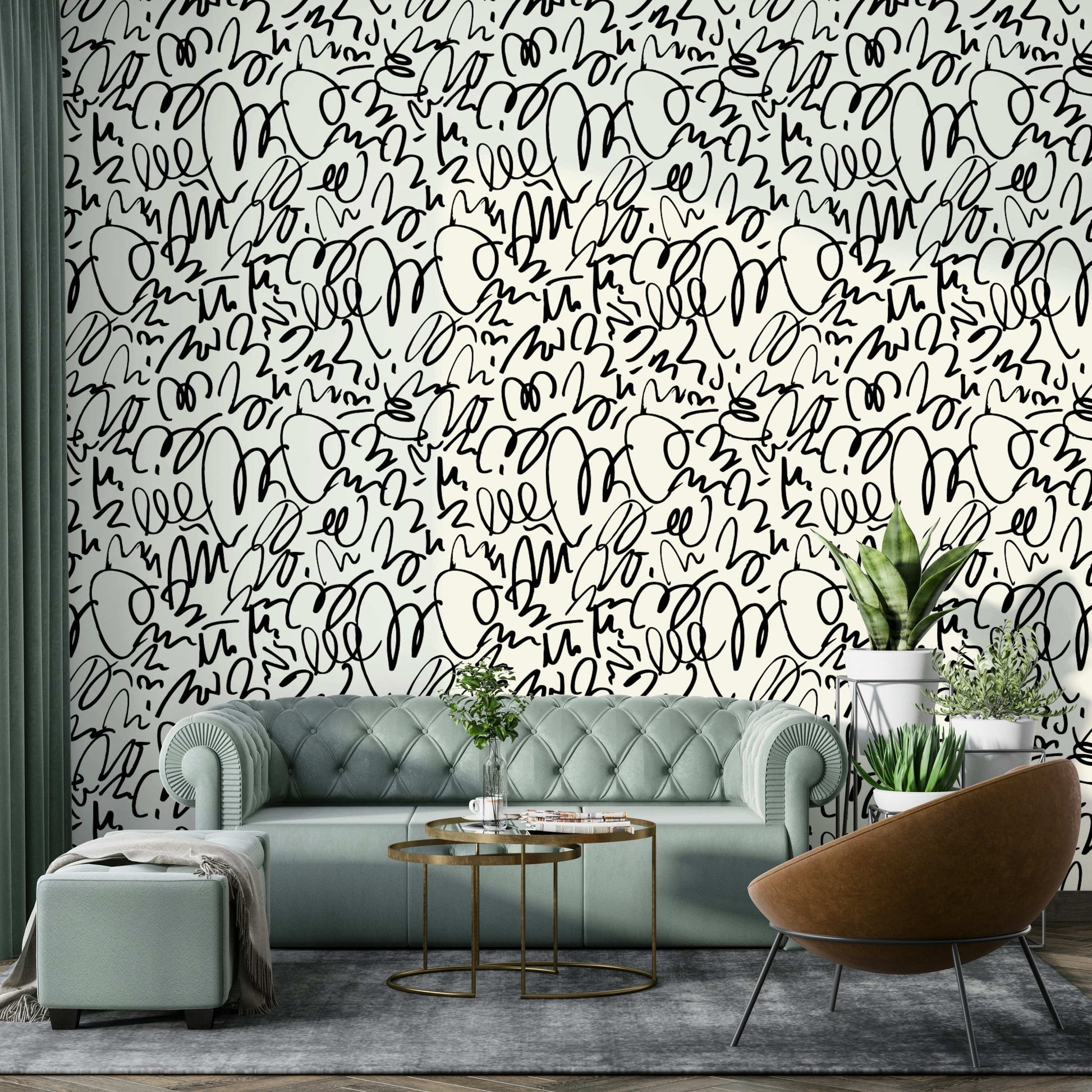 Black abstract marker lines wallpaper for living room
