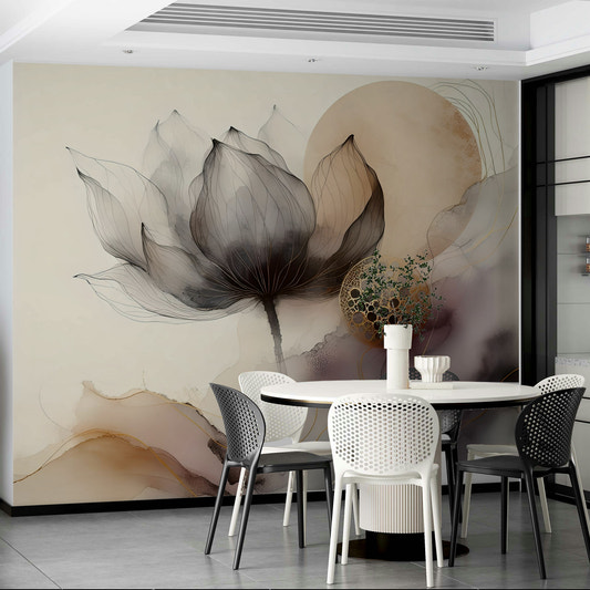 Monochromatic botanical wallpaper used for a feature wall in a modern primary bedroom.