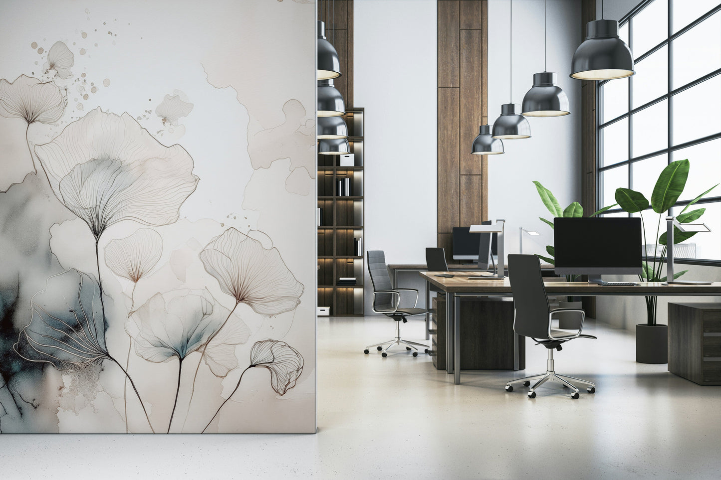 Fine Ink Wash Flowers Wall Mural