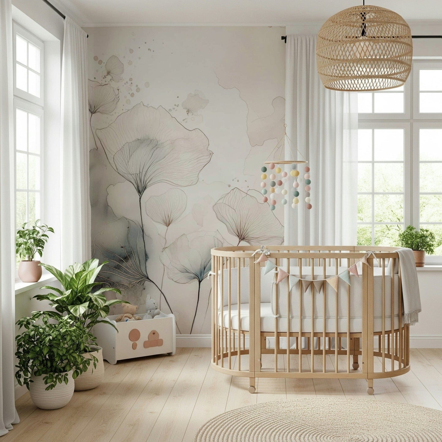 Fine Ink Wash Flowers Wall Mural