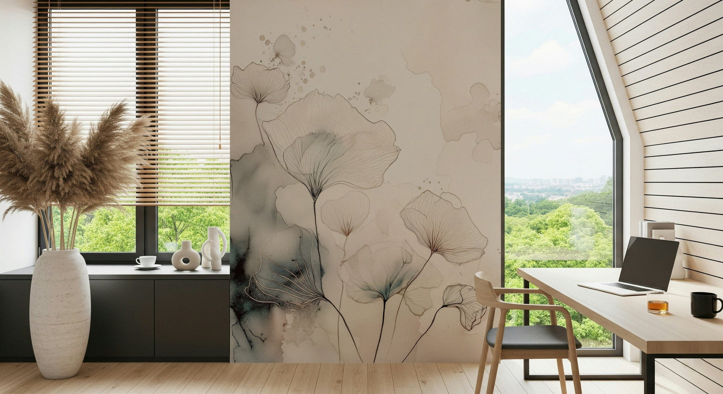 Fine Ink Wash Flowers Wall Mural