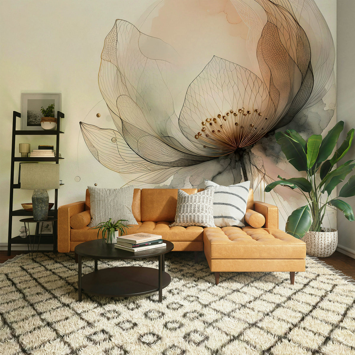 Monochromatic botanical wallpaper used for a feature wall in a modern primary bedroom.