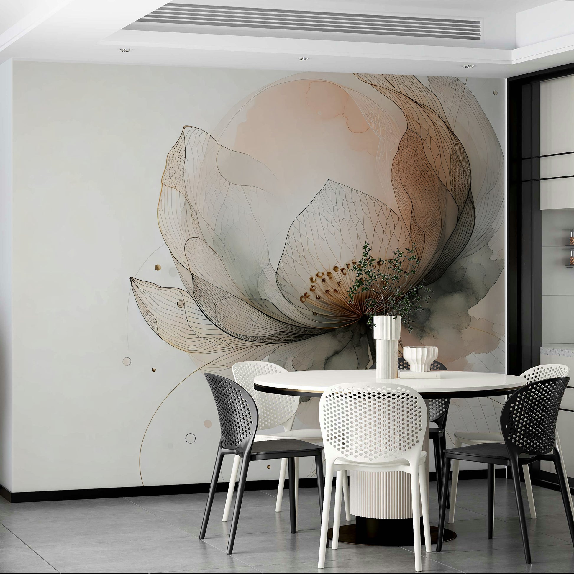 Soft focus botanical wallpaper for a meditation space with minimalist wood decor.