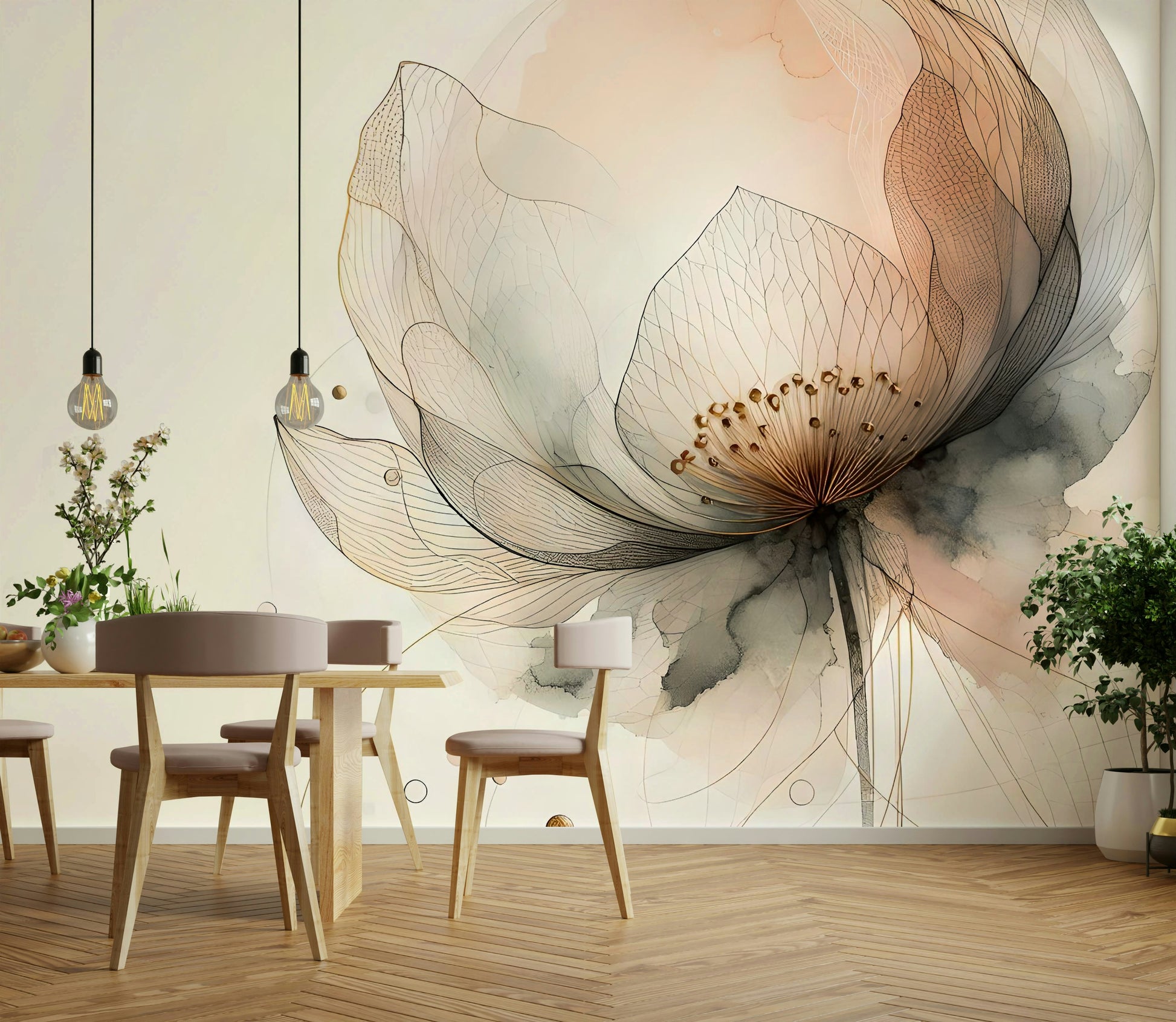 Gray and white mural style for a guest suite with mid-century modern furniture.