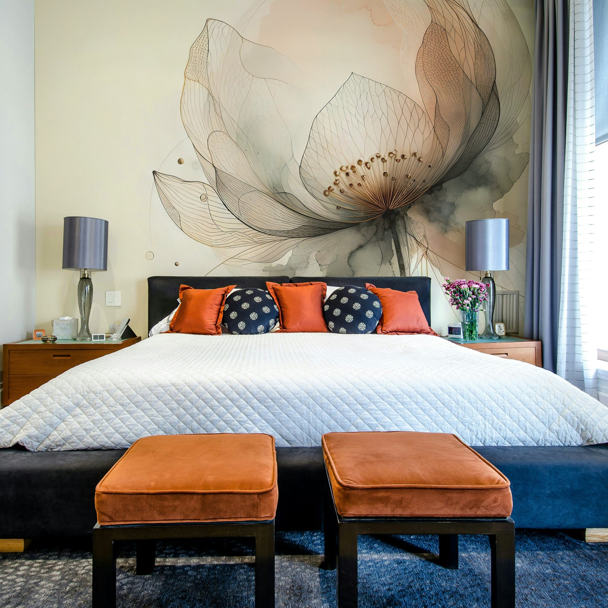 Soft ink wash floral pattern for a professional apartment office with sleek desk setup.