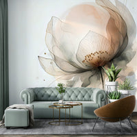 Artistic lotus flower wall decor in a contemporary dining area with natural light.