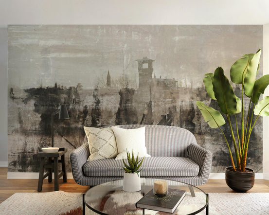 Inked Ruins wallpaper mural shown as a full feature wall that highlights the design