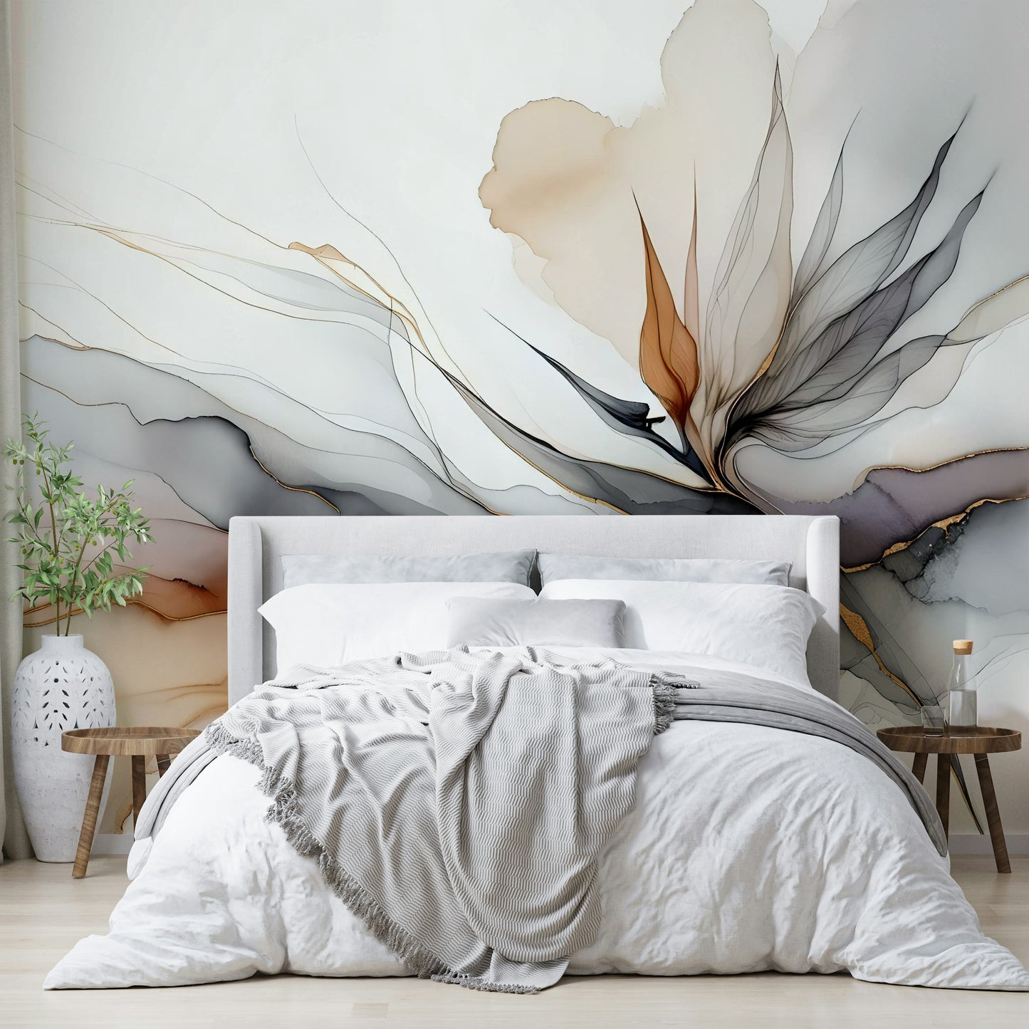 Soft focus tropical wallpaper for a meditation space with minimalist wood decor.