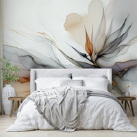 Soft focus tropical wallpaper for a meditation space with minimalist wood decor.