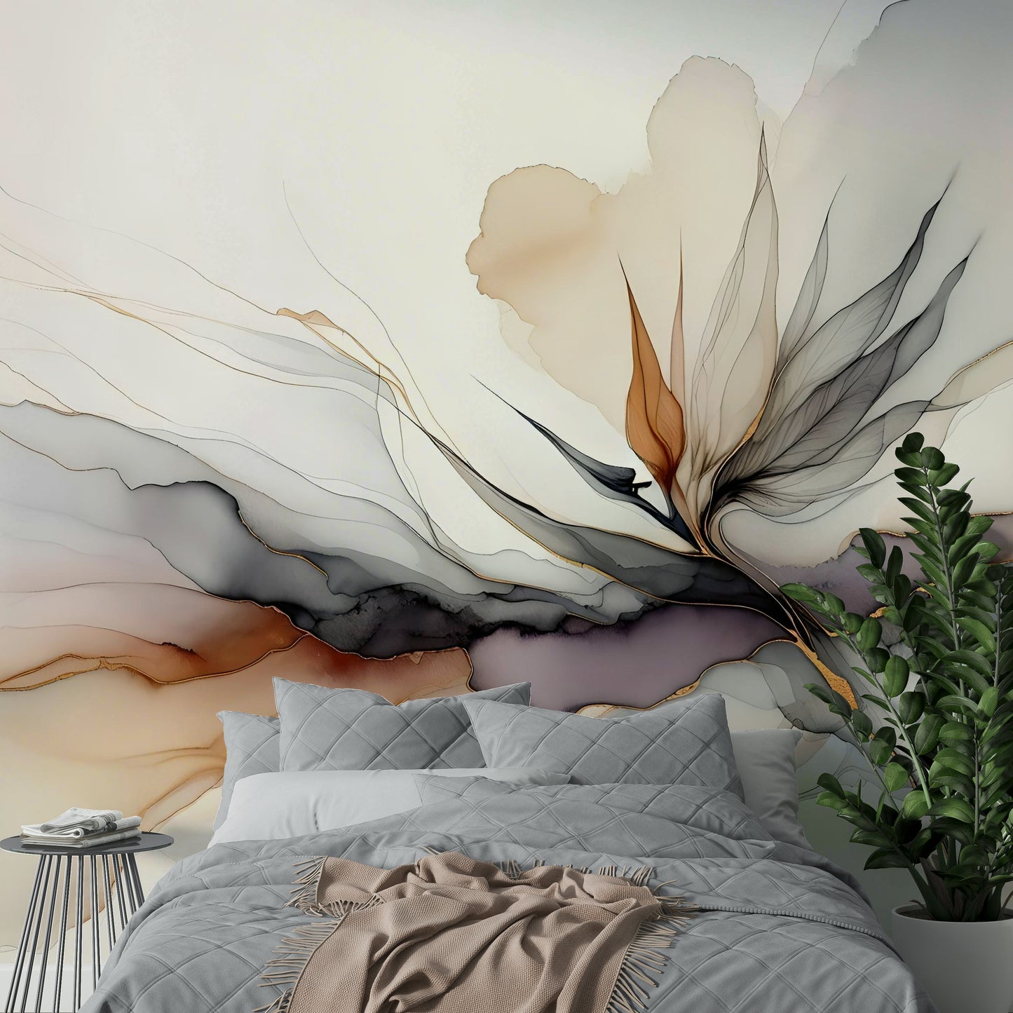 Moody botanical art for a hallway transition in a modern open plan house.