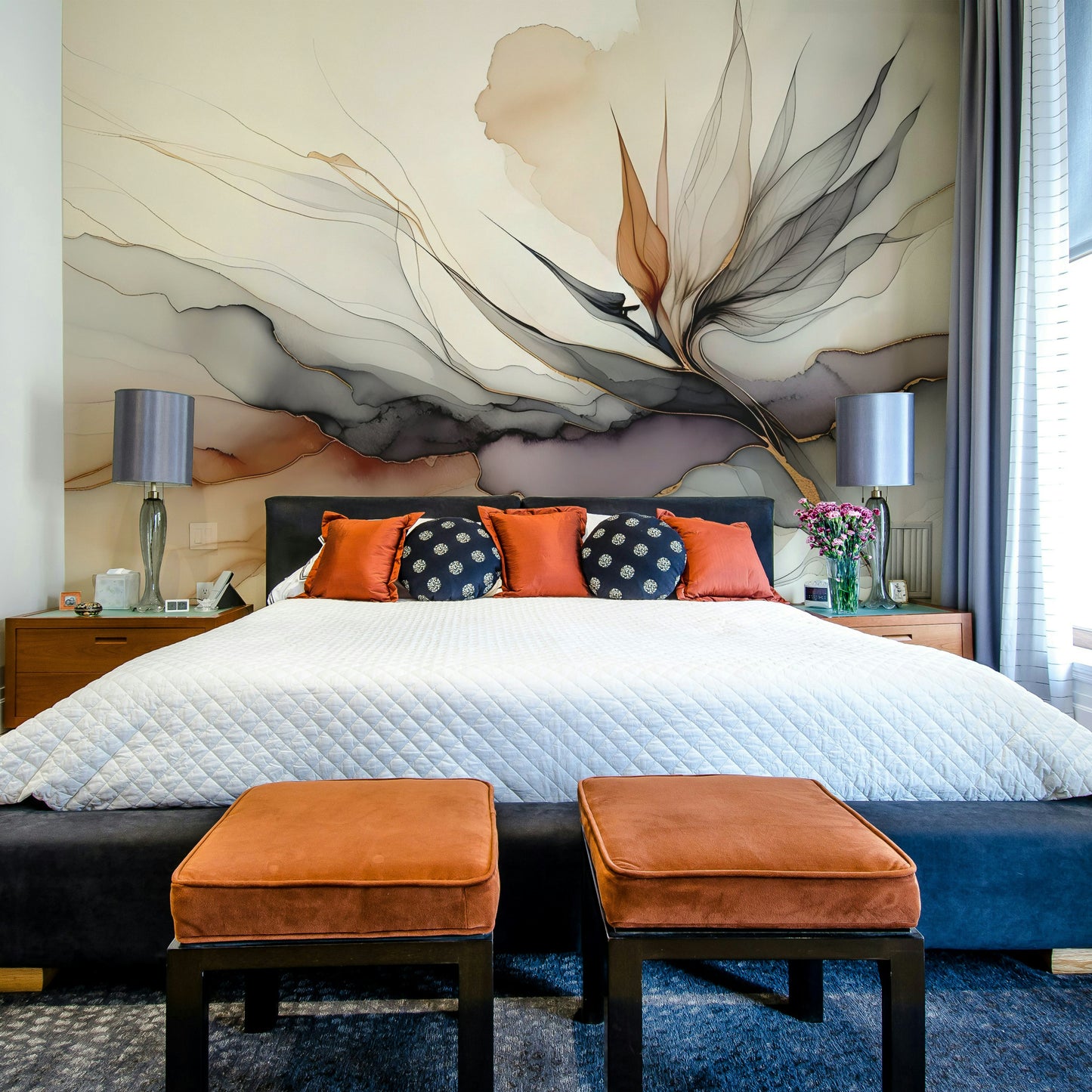 Contemporary ink brush mural for a creative studio with bright interior lighting.