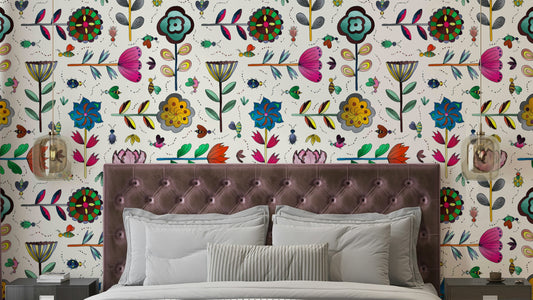 Insects and Flowers white wallpaper with fine detail

