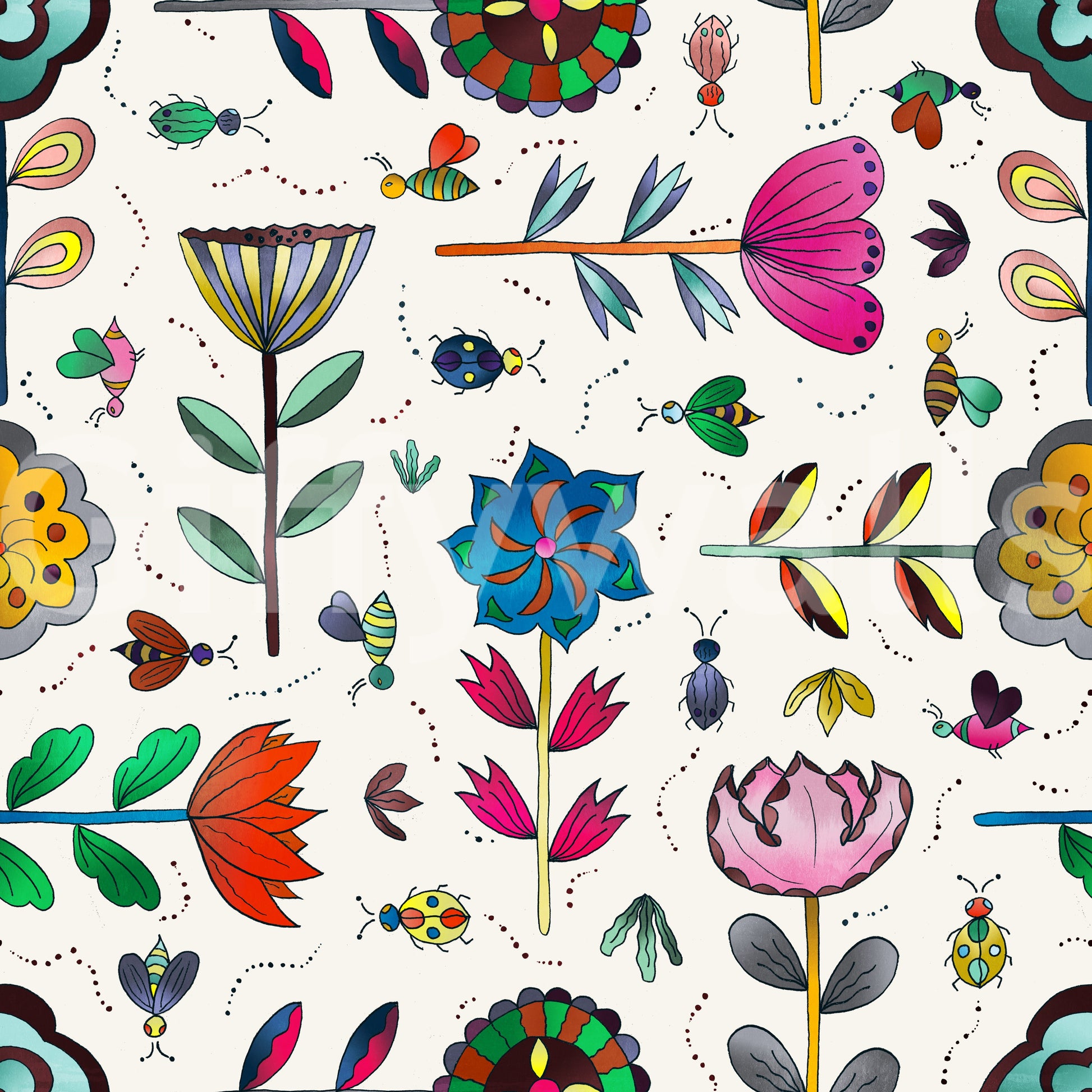 Hallway styled with insect and flower wall mural

