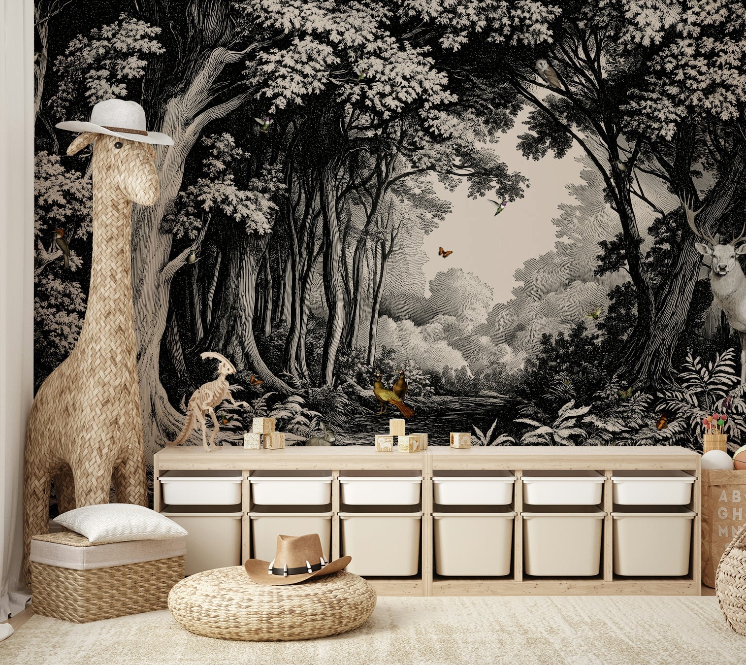 Monochrome forest wall mural with tree silhouettes

