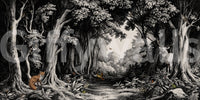 Elegant black and off-white forest landscape mural

