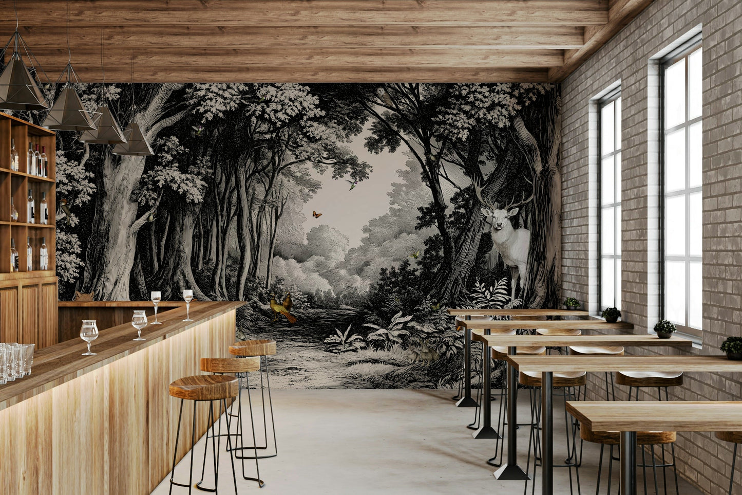 Black forest silhouette mural with atmospheric depth

