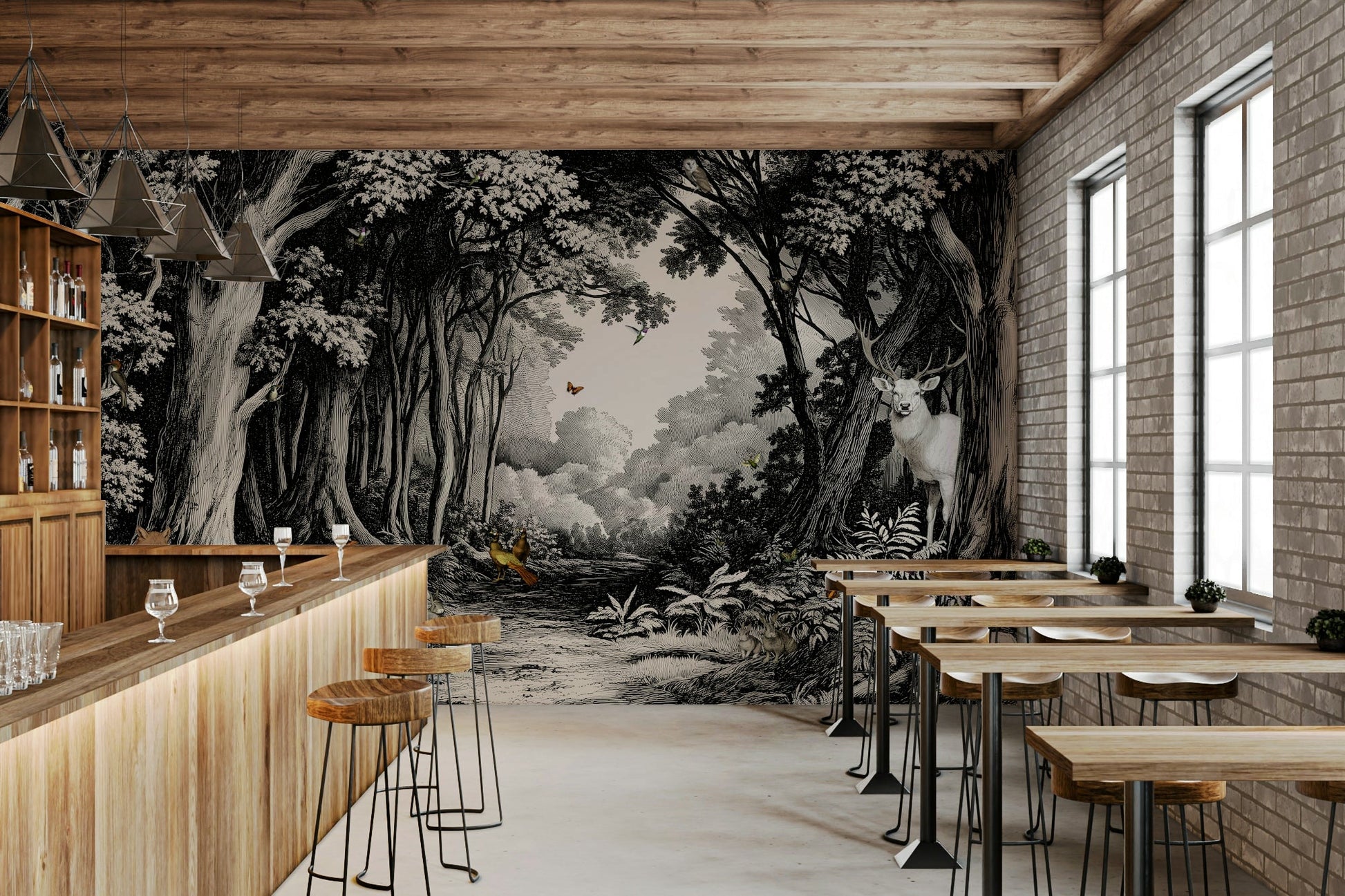 Black forest silhouette mural with atmospheric depth

