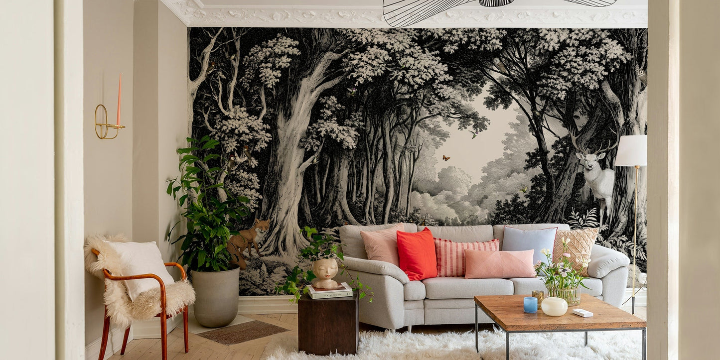 Moody monochrome wall mural featuring trees


