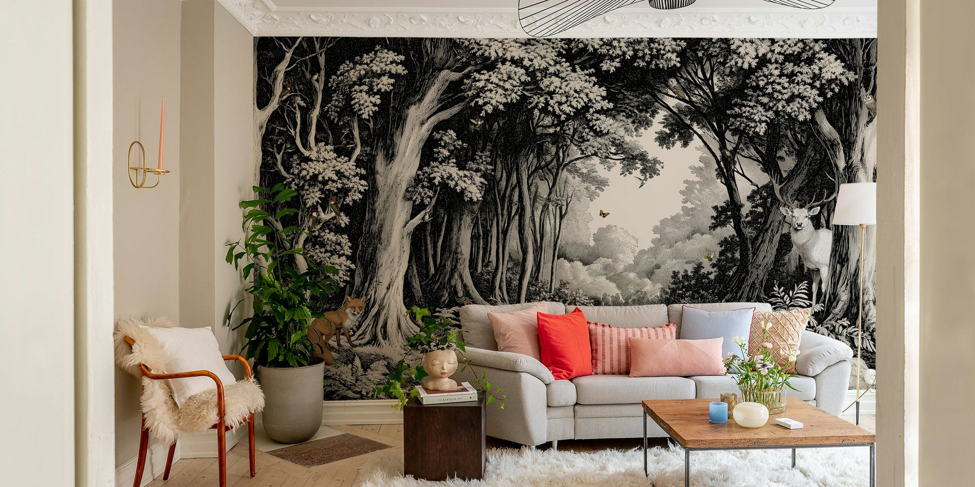 Moody monochrome wall mural featuring trees

