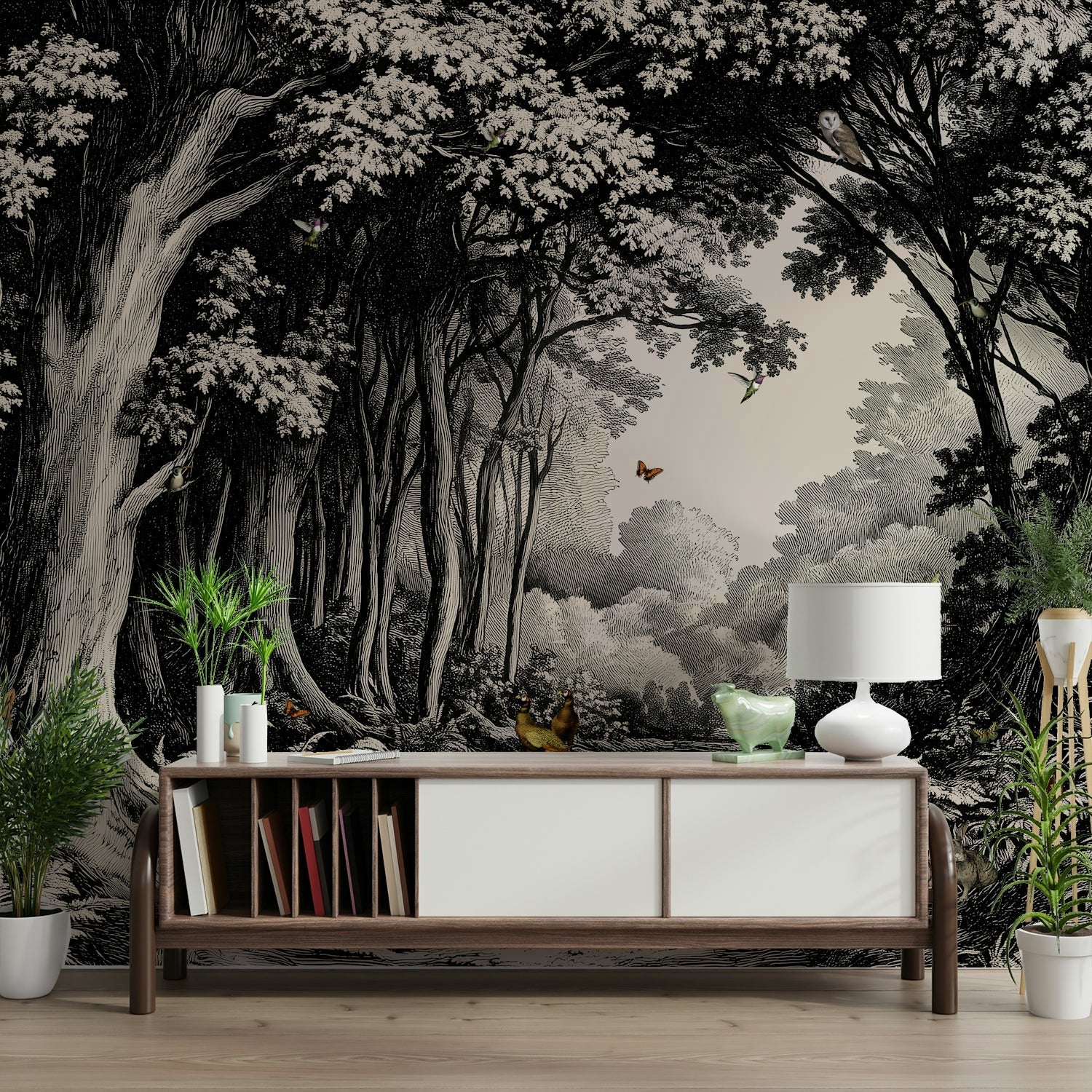 Minimalist forest mural with layered trees in black


