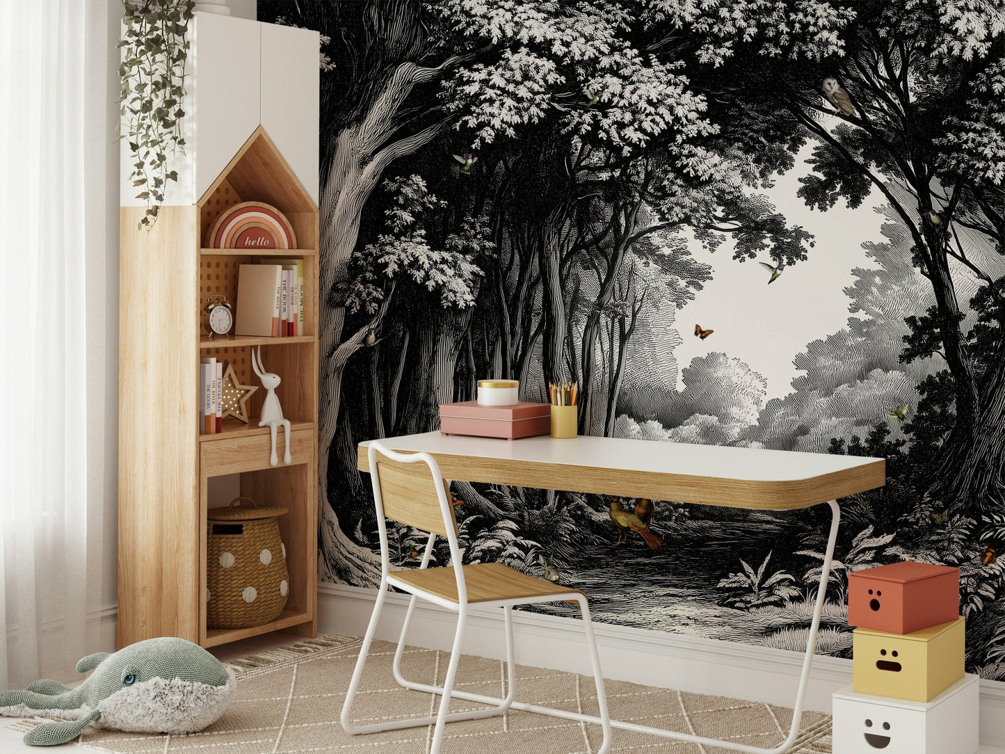 Monochrome forest landscape mural with depth

