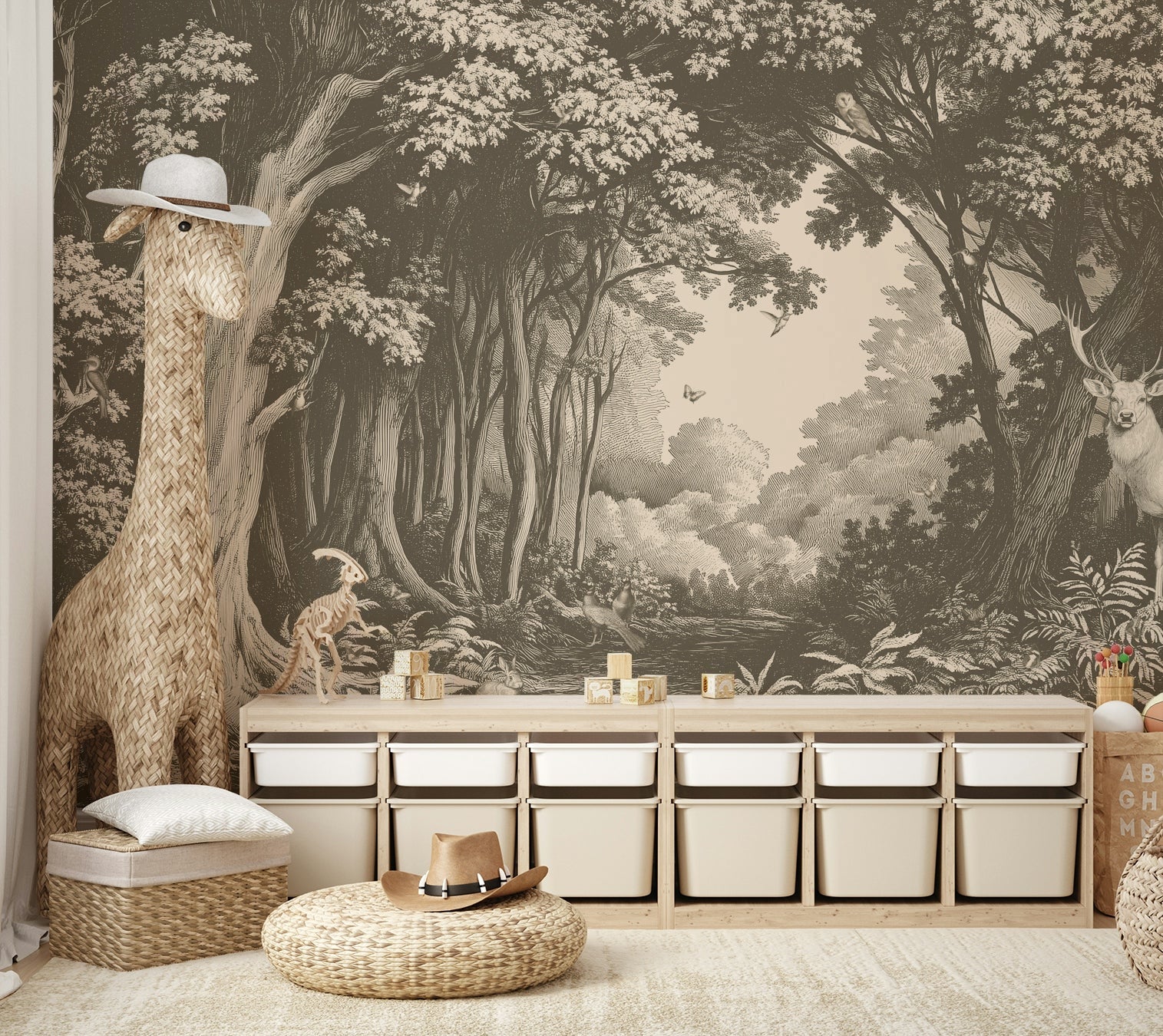 Nature-inspired wall mural with brown forest scene

