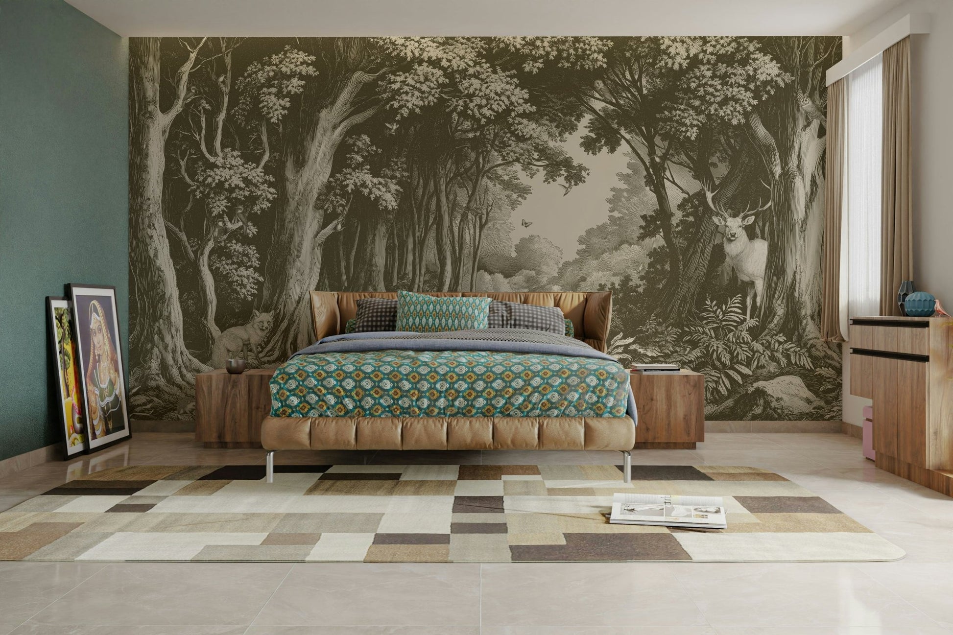 Tranquil forest wall mural in earthy green tones

