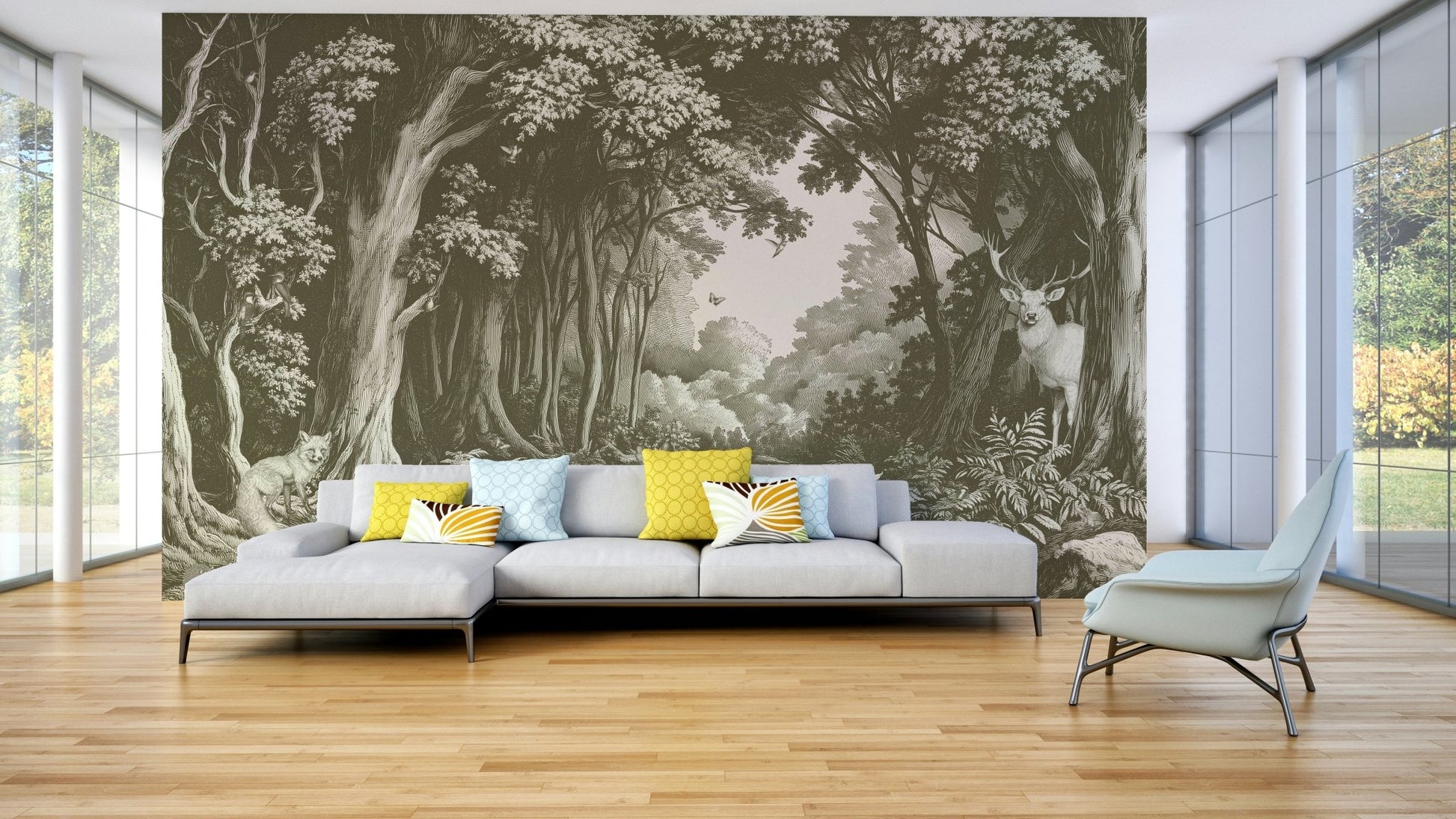Calm forest scene mural in muted olive shades

