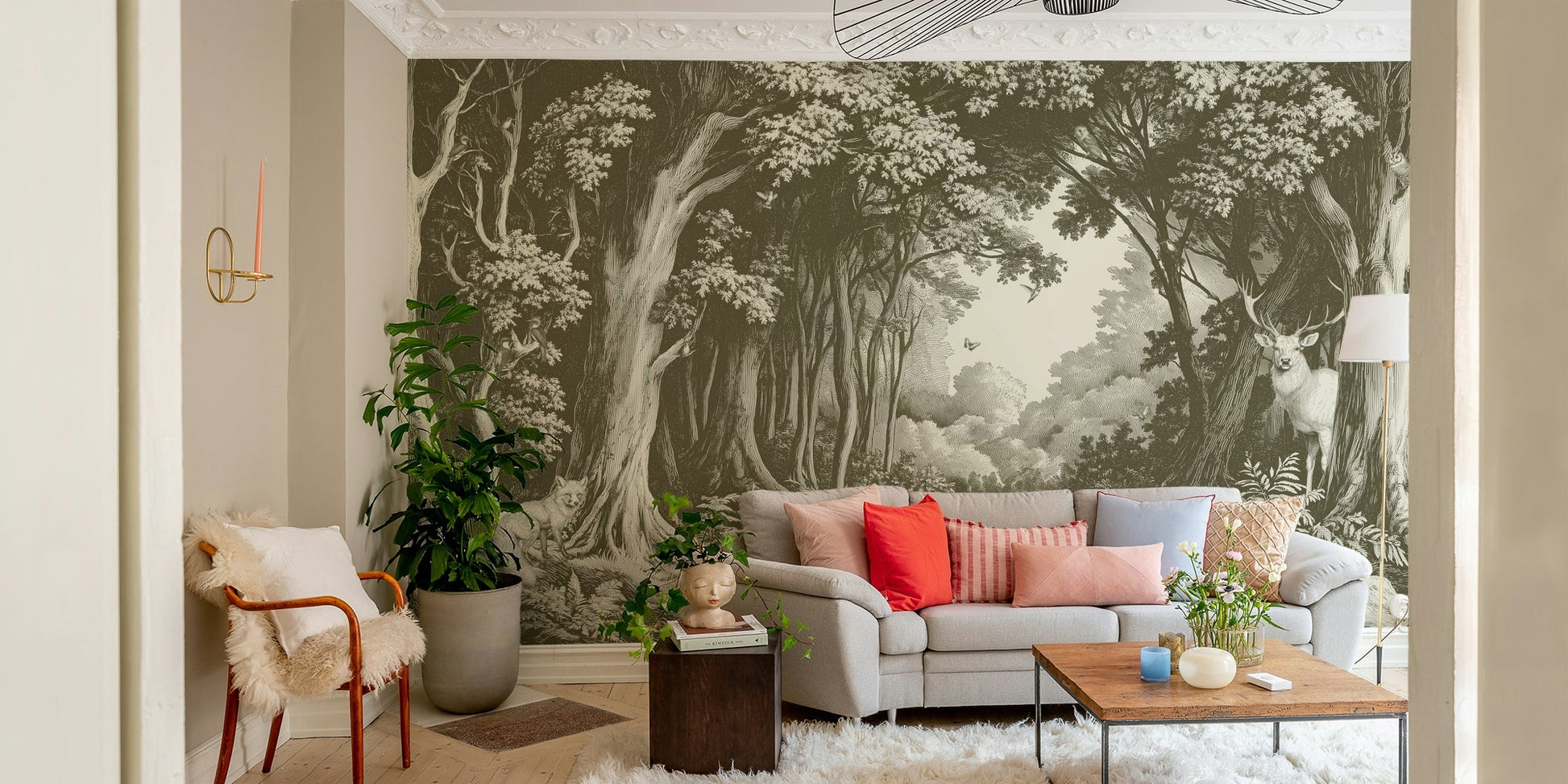 Olive-toned forest mural for peaceful interiors

