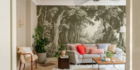 Olive-toned forest mural for peaceful interiors

