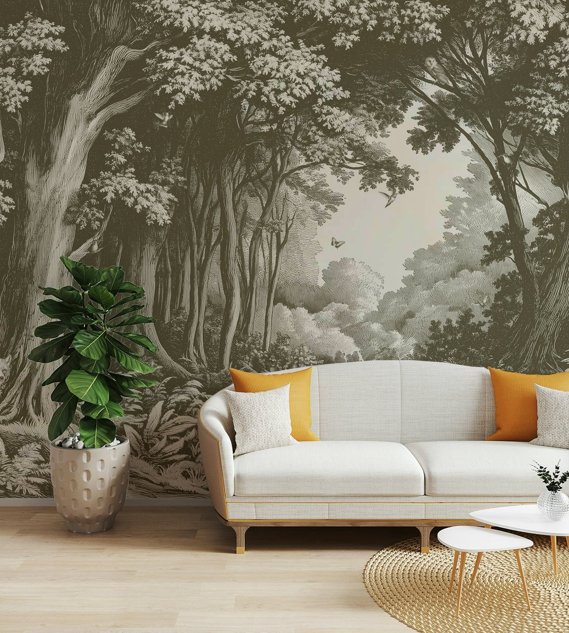 Olive green forest mural with misty tree layers

