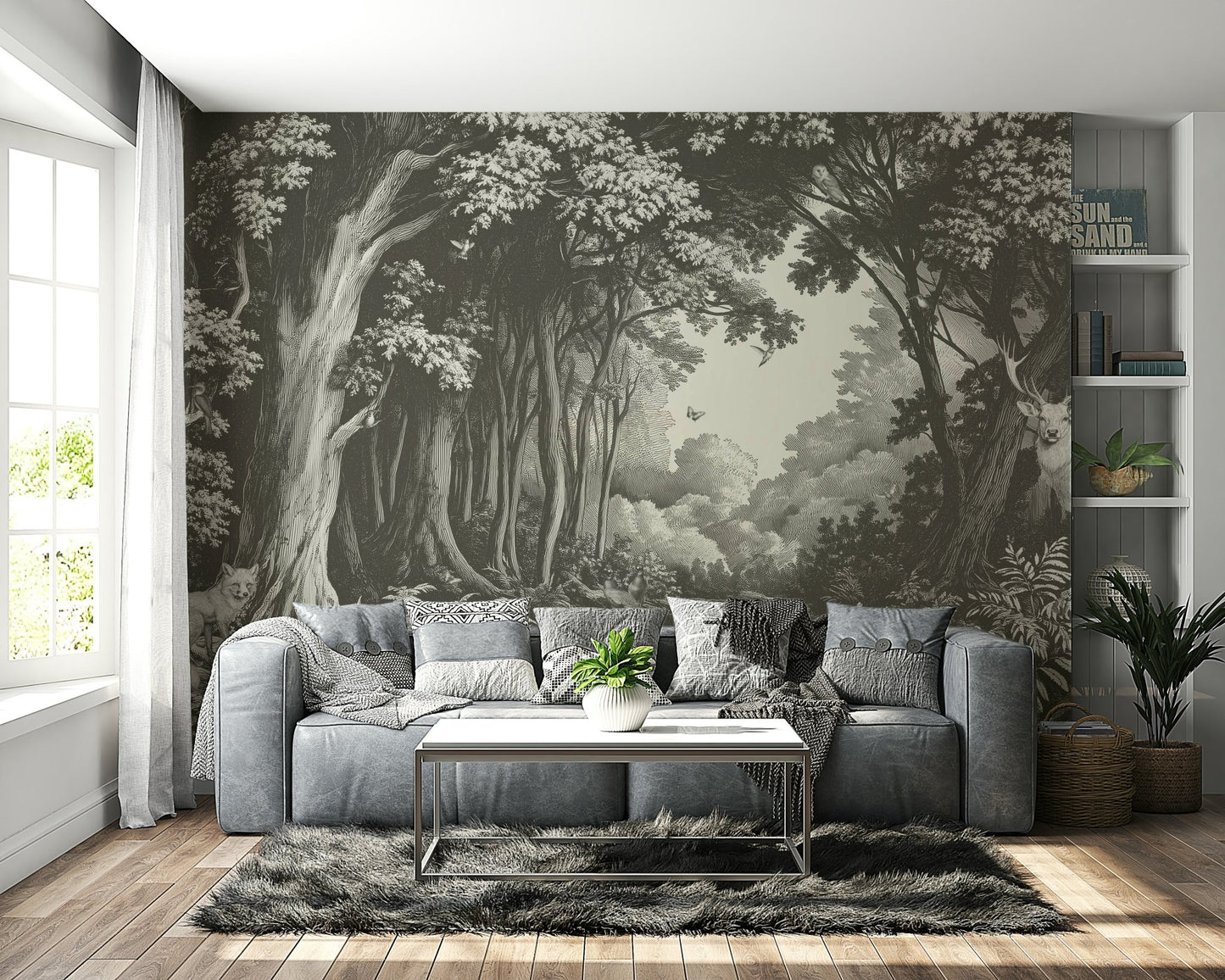 Tree silhouette wall mural with slate mist effect

